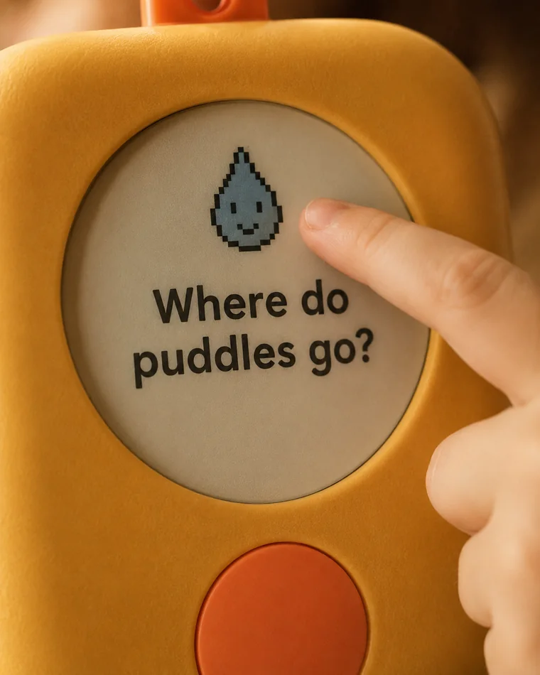 A child pointing at the Warm device's paper-like e-ink screen asking, where do puddles go