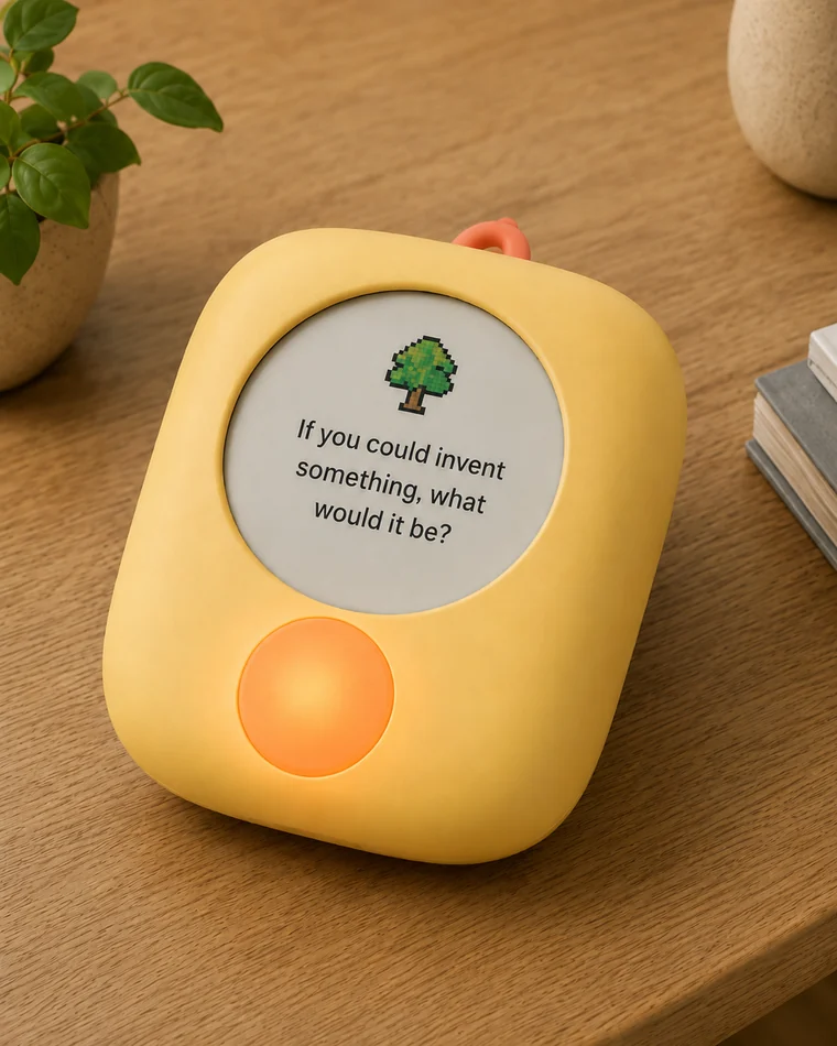 Warm screen-free conversation device on a wooden table asking, if you could invent something, what would it be